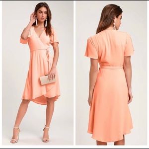 Lulu's Rise to the Occasion Peach Midi Wrap Dress